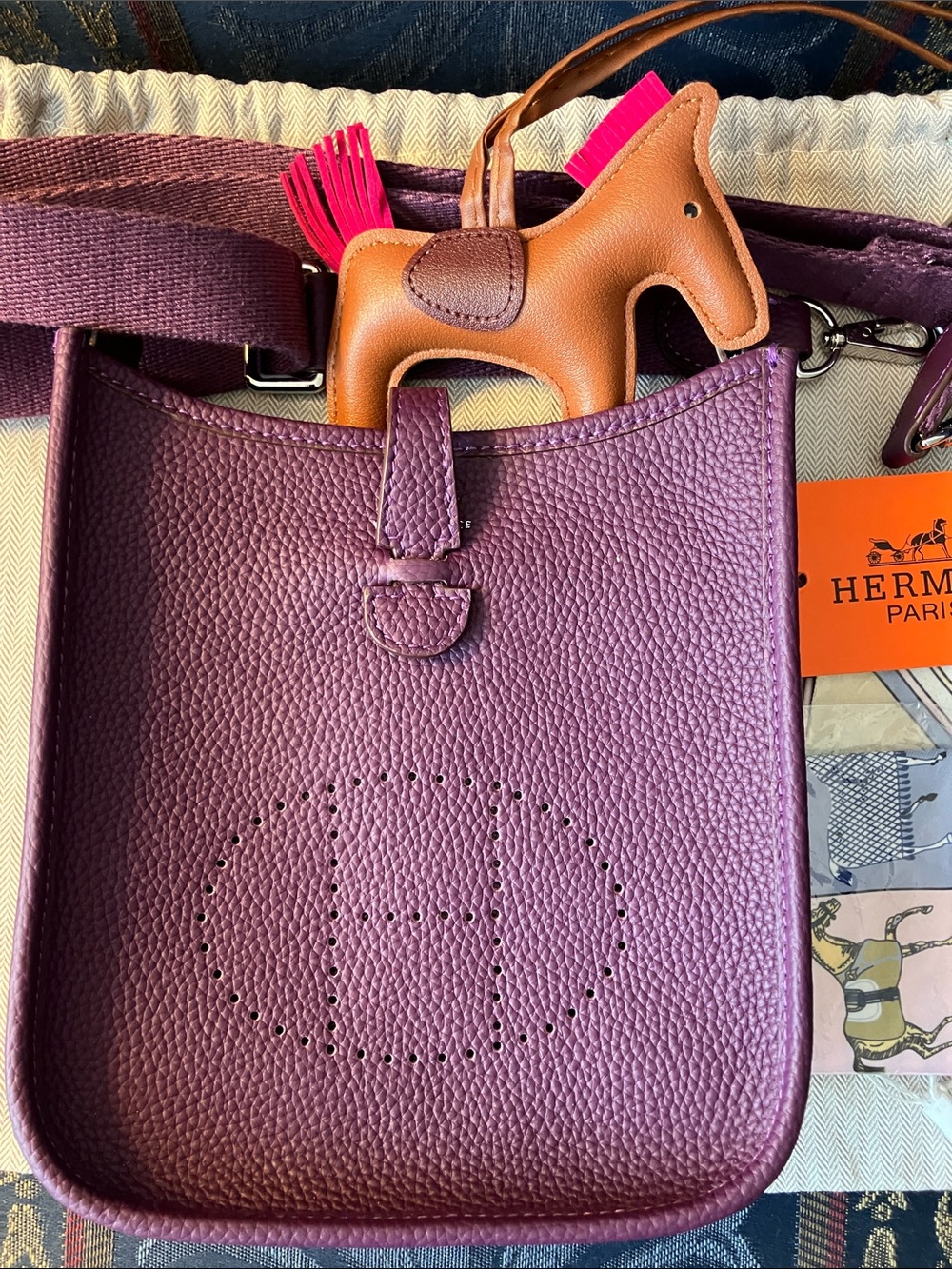 Hermes Purple Etoupe Togo Evelyne Crossbody Bag with Brown Rodeo Charm